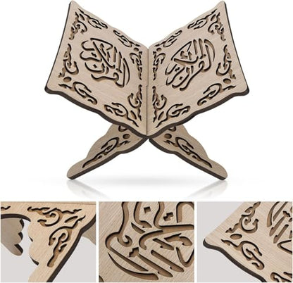 1Pcs Wooden Folding Book Stand with Carved Design | 13.8in/35cm Wide, Collapsible Holder for Quran & Bible, Hands-Free Reading, Home Decor, Portable Bookshelf