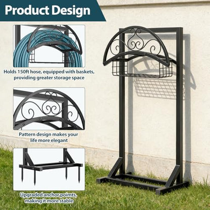 Garden Hose Holder Stand, BOLITE Metal Hanger with Storage Basket, 150ft | Heavy Duty, Freestanding Detachable, Water Hose Holder with Storage Basket, 4 Spikes, Storage Rack for Outside Yard Lawn Farm - style: Freestanding with Bracket