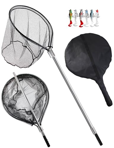 Large Rubber Fishing Net Heavy Duty Extra Large Landing Net with Telescoping Handle, Saltwater Aluminum Fish Net with 6pcs Jig Swimbait, Extends to 72-94in, Depth 27.5in