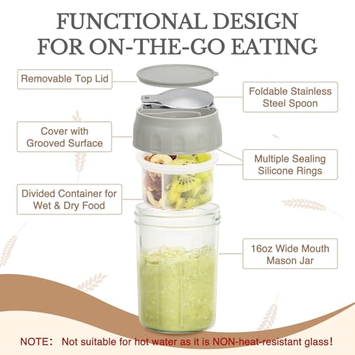 SOLIGT Overnight Oats Containers with Lids, Folding Spoons and Divided Compartment for Fruit & Nuts, Small Glass 16oz Mason Jars for Oatmeal Yogurt Parfait (2 Set-Smoke Gray/Oat White) - color: 2 Set-Smoke Gray/Oat White