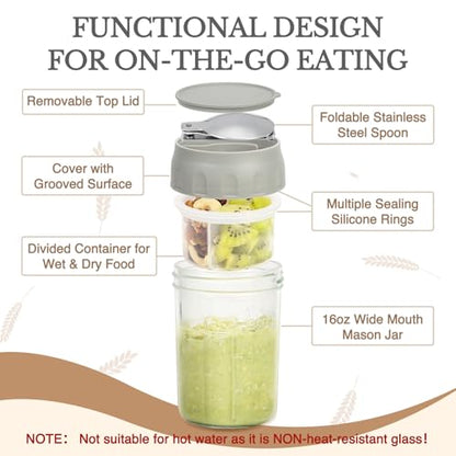 SOLIGT 4 Pack Overnight Oats Containers with Lids, Folding Spoons and Divided Compartments for Fruit & Nuts, Small Glass 16oz Mason Jars for Oatmeal Yogurt Parfait - color: 4 Set-Smoke Gray/Wisteria Purple/Rose Pink/Egg Yellow