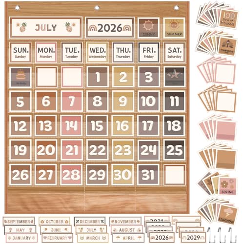 Sinload Classroom Calendar Pocket Chart Wood Color, Neutral Boho - color: Wood Color, style: Neutral Boho