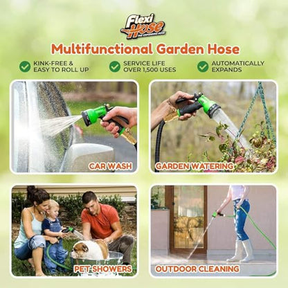 Flexi Hose with 8 Function Nozzle, 75FT - Lightweight Expandable Garden Hose, No-Kink Flexibility, 3/4 Inch Solid Brass Fittings and Double Latex Core - size: 75ft