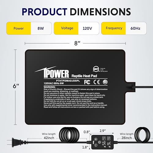 iPower 6 by 8 Inch 8W Reptile Heating Pad with Adjustable Thermostat, Under Tank Warmer Terrarium Heat Mat for Turtles/Snakes/Lizards/Frogs, and Other Reptiles - size: 6" x 8", style: Heat Pad - New