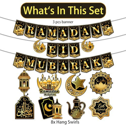 2 in 1 Ramadan nd Eid Decorations, NO-DIY Ramadan Mubarak Decorations Includes Ramadan Eid Banner and Ramadan Decorations Hanging Swirls, Eid Mubarak Decorations Ramadan Decorations for Home