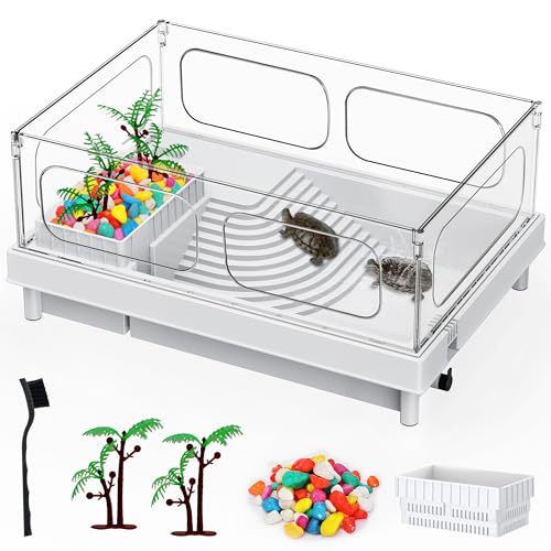 Small Turtle Tank for Baby Turtles with Basking Platform and Bottom Drain | White Clear-Panel Habitat, Lightweight Starter Aquarium for Red-Eared Sliders, Crabs and Small Reptiles - color: White, size: Tank Only