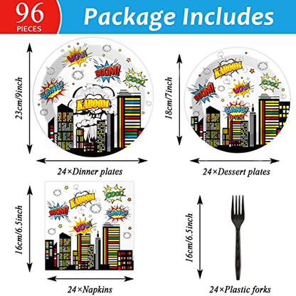 96 PCS Super Theme Hero Party Plates Napkins Hero Themed Party Tableware Hero Action Sign Disposable Paper Plates Napkins Happy Birthday Party Decorations Supplies Favors for 24 Guests - style: Hero