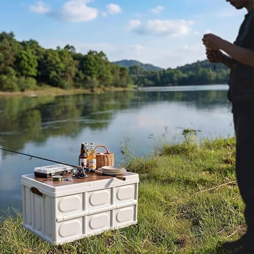Lidded Home Storage Bins 30L/7.9Gal Collapsible Camping Box, Food Storage for Camping, Stackable with Handles & Wooden Lid for Home Organizing