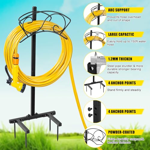 ULIOK Garden Hose Holder Freestanding, Water Hose Holders for Outside with Sturdy 4 Spikes, Hose Reel Holds 150-feet Hose, Hose Hanger Hose Storage for Yard, Lawn, Farm