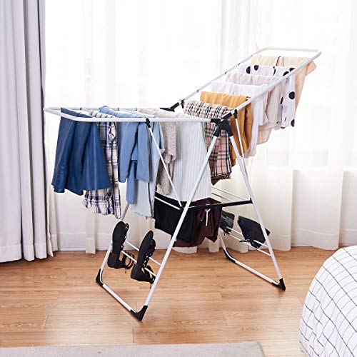 GOFLAME Steel Clothes Drying Rack with Adjustable Wings, Foldable Gullwing Collapsible Laundry Drying Rack with Shoe Holder and Shelves, Space Saving Drying Rack for Underwear, Socks, Pants - size: 54.5" x 22" x 36.5"
