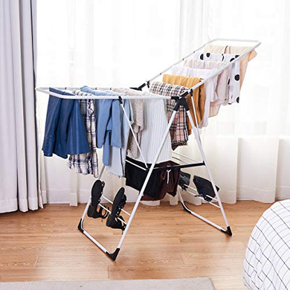 GOFLAME Steel Clothes Drying Rack with Adjustable Wings, Foldable Gullwing Collapsible Laundry Drying Rack with Shoe Holder and Shelves, Space Saving Drying Rack for Underwear, Socks, Pants - size: 54.5" x 22" x 36.5"