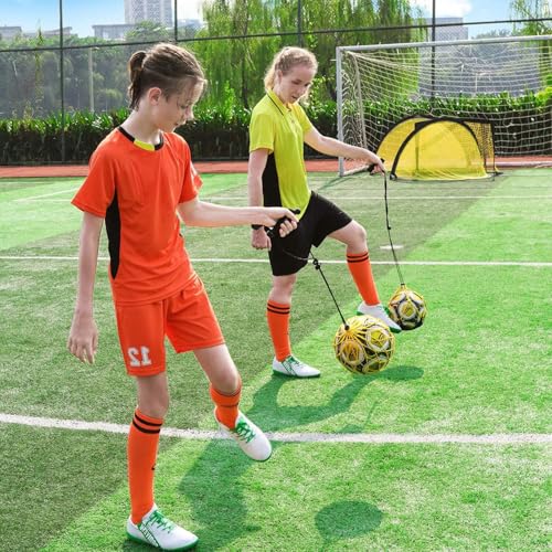 PodiuMax Handle Solo Soccer Kick Trainer with New Ball Locked Net Design, Soccer Ball Bungee Elastic Training Juggling Net (Fits Ball Size 3, 4, 5) - color: yellow