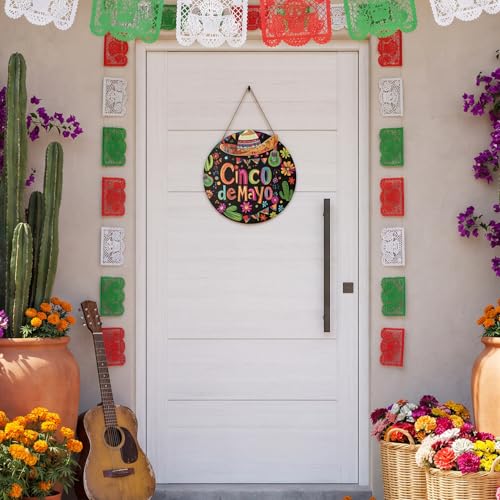 Smile Cinco De Mayo Wooden Round Door Hanger, Mexican Fiesta Themed Front Door Sign with Sombrero & Cactus for Party Decor - style: Sombrero