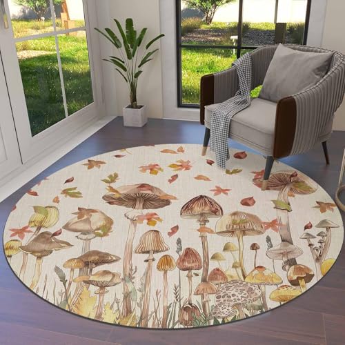 Autumn Mushroom Area Rug Carpet for Kids Teen Girls Boys Bedroom, Living Room, Fall Country Maple Leaves Beige Washable Outdoor Indoor Accent Throw Runner Floor Mat Area+Rug 5FT(Round) - color: Beige, size: 5FT(Round)