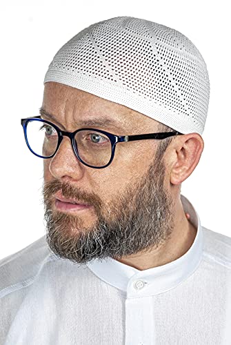 ihvan online Turkish Muslim Lux Knitting Kufi Hats for Men, Taqiya, Takke, Peci, Islamic Caps, Islamic Gifts, Standart Size - color: White