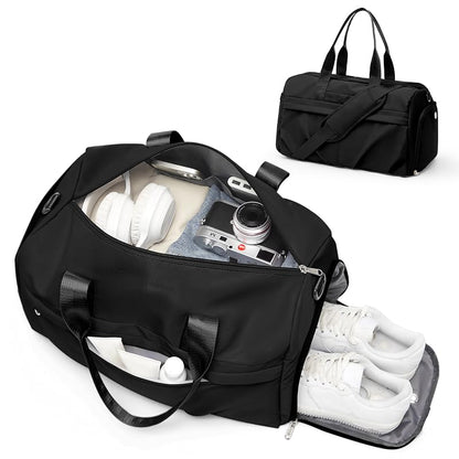 Gym Bag for Women Men with Shoe Compartment, Sport Duffel Bag, Waterproof Travel Weekender Overnight Carry on Bag for Yoga with Trolley Sleeve, Black - color: A-Black