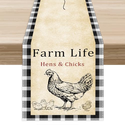 Chicken Table Runner, Rustic Farmhouse Black White Plaid Vintage Chicken Farm Coffee Table Center Decor for Family Kitchen Outdoor Holiday Party Table Decorations, 13"x36" - color: Rooster-10, size: 13"X36"