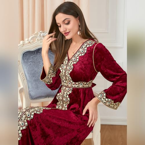 IDOPIP Muslim Women Velvet Dress Embroidery Abayas Long Sleeve V-Neck Moroccan Maxi Kaftan Dubai Robe Arabic Islamic Clothing - color: Wine Red, size: Large