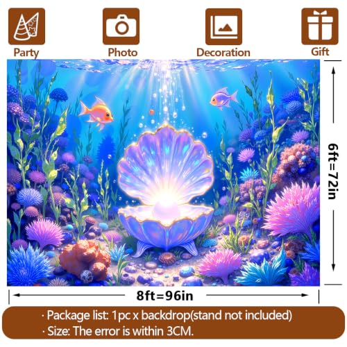 8x6ft DewPrint Underwater Backdrop for Under the Sea Party Decorations | Mermaid Ocean Scene with Giant Shell & Pearl, Coral Reef Fish Aquarium Background for Photography Kids Birthday Baby Shower - size: 8x6 FT