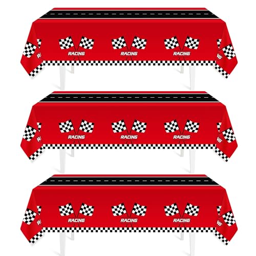 Childom 3Pcs Racing Car Plastic Tablecloth, Race Birthday Party Decorations, 54'' x 108'' Checkered Table Cloth Decor, Favors Rectangular Tablecloth for Boys Baby Shower Home - color: Racing