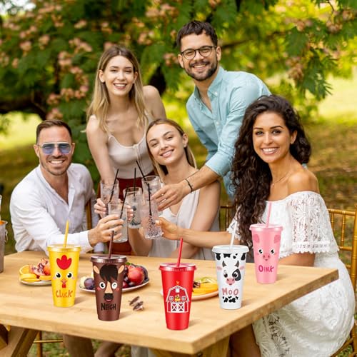 Chuangdi 12 Pcs Farm Animal Plastic Cups with Lid and Straw 24 oz Farm Animal Birthday Decorations Reusable Tumbler Cute Pig Sheep Chicken Horse Cow Cups Gift for Barnyard Party Supplies - style: Farm Animal