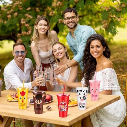 Chuangdi 12 Pcs Farm Animal Plastic Cups with Lid and Straw 24 oz Farm Animal Birthday Decorations Reusable Tumbler Cute Pig Sheep Chicken Horse Cow Cups Gift for Barnyard Party Supplies - style: Farm Animal