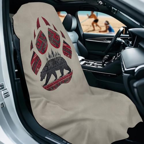 Aztec Bear Print Car Seat Towel Covers Front Seats Bear Claw Print Car Seat Hoodie Cover 60 x 33 Inch Absorbent Microfiber Towels for Gym Workout, Running, Swimming, Beach and Hiking - color: Brown - Aztec Bear Bear Claw