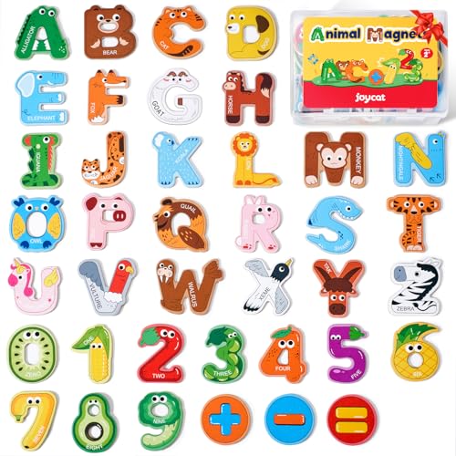 JoyCat Wooden Thick Alphabet Magnets for Toddlers Fridge Large Size Cute Animal Colorful ABC Magnetic Letters 26 Uppercase Letters 0-9 Numbers Toy Set for Kids Toddlers Preschool Learning Spelling - style: Letters+Numbers