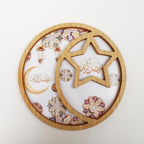 KYMY Ramadan Mubarak Dessert Tray, Wooden Eid Mubarak Moon Star Plate Tray for Islamic Muslim Festival Party, Dessert Food Fruit Storage for Ramadan and EID Mubarak Home Party Supplies