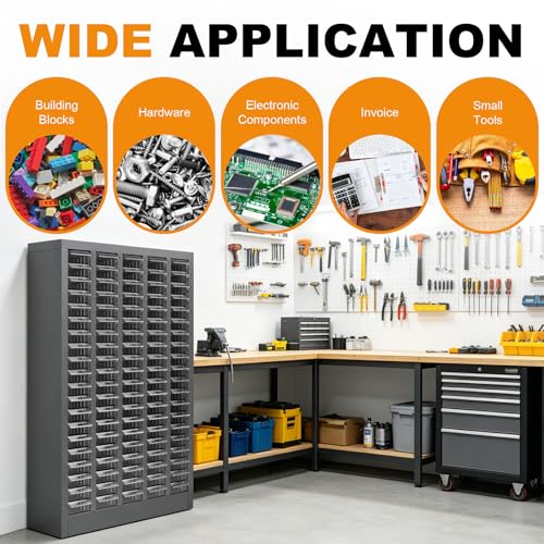 100 Drawers Bolt and Nut Tool Storage Cabinet Parts Cabinet Hardware Organization Shelves Bolts Bin Tool with PS Material Drawer Label Stickers for Tool Hardware Storage, Grey