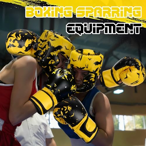 Arrowbash Boxing Headgear and Gloves Set for Kids 6oz Boxing Gloves and Wrestling Headgear Sparring Equipment for Boxing Kickboxing Muay Thai BJJ Karate Training - color: Yellow & Black, style: Bat