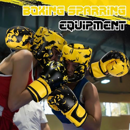 Arrowbash Boxing Headgear and Gloves Set for Kids 6oz Boxing Gloves and Wrestling Headgear Sparring Equipment for Boxing Kickboxing Muay Thai BJJ Karate Training - color: Yellow & Black, style: Bat