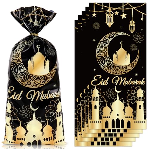 Whaline 100 Pcs Eid Mubarak Cellophane Bags with Twist Ties Plastic Treat Bags Black Gold Ramadan Candy Goodie Bag for Islamic Muslim Holiday Party Snack Cookie Packing Supplies