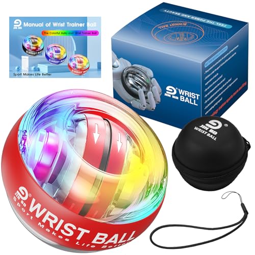 JIN BD Auto-Start Gyro Ball Wrist Trainer, Gyroscopic Forearm Exerciser for Strengthening Arms, Fingers and Muscles - color: Light Red Transparent with Colorful Lights