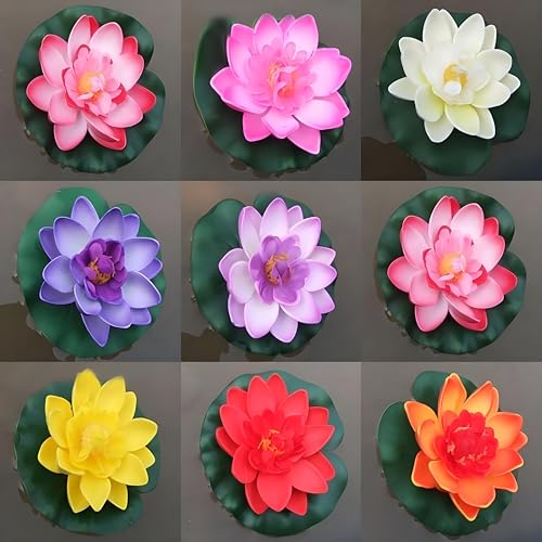 4Pcs Floating Foam Lotus Flowers with Lily Pads, Artificial Pond Plants Ornaments for Pool Aquarium Water Decoration