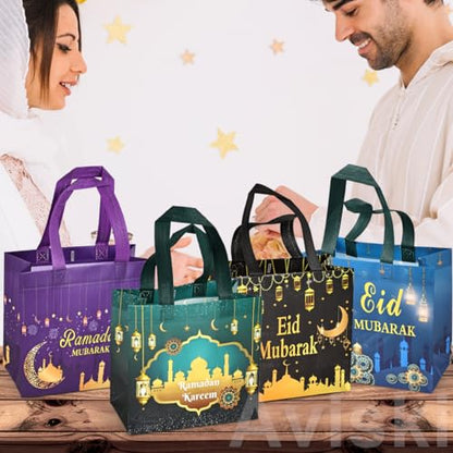 Aviski 16PCS Eid Mubarak Reusable Gift Bags, Treat Bags with Handles, Ramadan Mubarak Party Bags, Multifunctional Non-Woven Eid Bags for Gifts Wrapping, Ramadan Kareem Party Supplies, 23×22×11cm