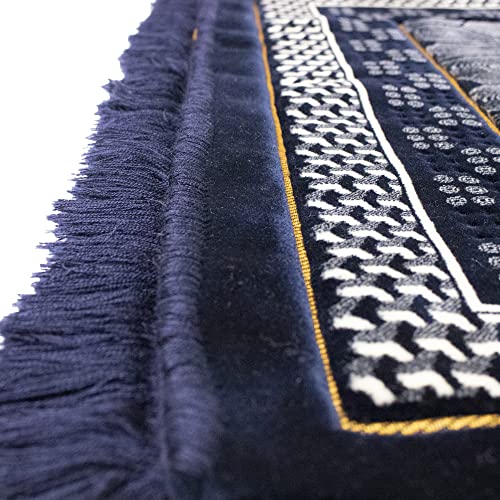 Modefa Turkish Islamic Velvet Prayer Rug - Thick Wide Soft Praying Carpet for Men & Women - Double Plush Large - Eid & Ramadan Gift with Kufi Beads & Car Hanger - Geometric Noor (Dark Blue) - color: Dark Blue