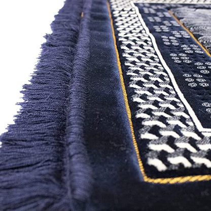Modefa Turkish Islamic Velvet Prayer Rug - Thick Wide Soft Praying Carpet for Men & Women - Double Plush Large - Eid & Ramadan Gift with Kufi Beads & Car Hanger - Geometric Noor (Dark Blue) - color: Dark Blue