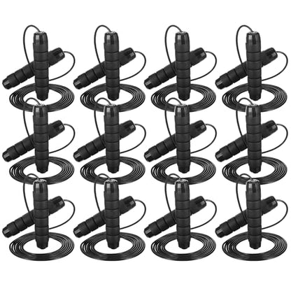 12 Pieces Adjustable Jump Ropes with Ball Bearings, Foam Handles, Steel Wire PVC Coated, Fitness Exercise Training for Men Women, Black