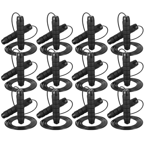 12 Pieces Adjustable Jump Ropes with Ball Bearings, Foam Handles, Steel Wire PVC Coated, Fitness Exercise Training for Men Women, Black