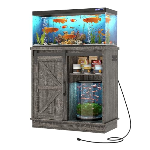 Hlivelood Farmhouse 20-29 Gallon Fish Tank Stand with Power Outlet, Aquarium Stand w/Cabinet&Sliding Barn Door, Heavy Duty Reptile Tank Stand for Fish/Turtle/Reptile Terrarium, 1000LB Capacity, Grey - color: Grey, size: 20 Gallon
