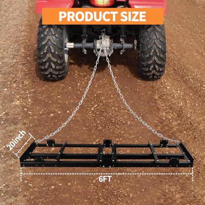 6FT Drag Harrow Driveway Grader Heavy Duty Power Lawn Rake with 4FT Chain Tow Behind for ATV, UTV, Tractor, Mower, Land Leveler for Gravel, Sand, Soil, Hay - size: 6FT