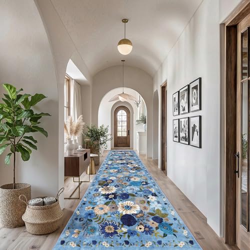 Blue Floral Hallway Runner Rug for Bedroom Kitchen - color: Blue, size: 2'6" x 14' (Rectangular)
