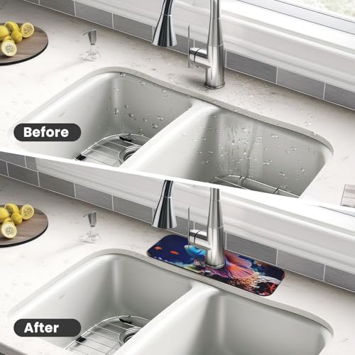 Coral Reef Fish Aquarium Faucet Mat for Kitchen Sink Splash Guard 14×38 CM Super Absorbent Diatomite Faucets Suction Pad Faucet Handle Drip Catcher Tray Dish Drying Mat Housewarming Gift