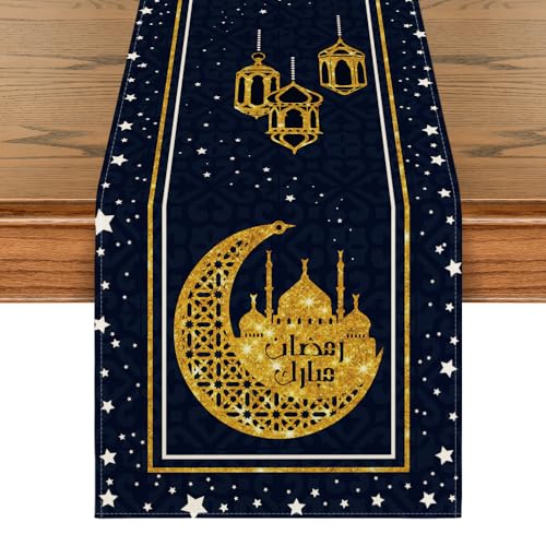 Artoid Mode Black Moon Star Gloden Ramadan Table Runner, Seasonal Summer Holiday Kitchen Dining Table Decoration for Home Party Decor 13 x 72 Inch - color: Black, size: 13" x 72", Table Runner