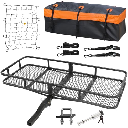 WEIZE Folding Hitch Mount Cargo Carrier Basket 60" x 20" x 6" with Waterproof Bag, Net, Strap, 2-Inch Folding Shank, 500 lbs Capacity Hitch Rack, Steel Construction - size: 60" x 20" x 6"