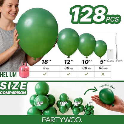 PartyWoo 다크 그린 풍선 128피스 다양한 사이즈 45.7cm(18인치), 30.5cm(12인치), 25.4cm(10인치), 12.7cm(5인치) 에메랄드 헌터, 포레스트 그린 풍선 아치 키트, 생일, 크리스마스, 졸업식, 공룡 정글 테마 파티 장식, 그린-Y5 - color: Green-y56