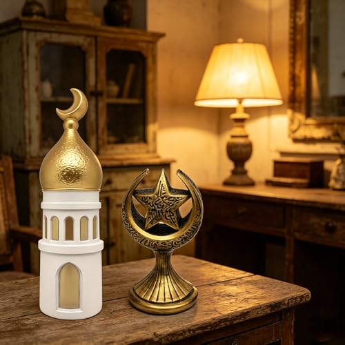 2PCS Ramadan Decoration for Table Set– Islamic Crescent Moon & Mosque Tower + Crescent Star Statues Table Centerpiece, Eid Mubarak Home & Office Decorations, Islamic Festival Decor Gift