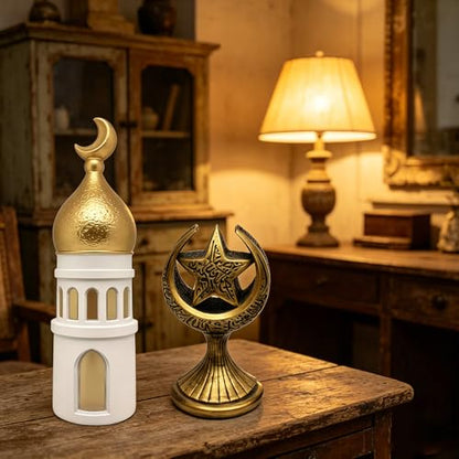 2PCS Ramadan Decoration for Table Set– Islamic Crescent Moon & Mosque Tower + Crescent Star Statues Table Centerpiece, Eid Mubarak Home & Office Decorations, Islamic Festival Decor Gift