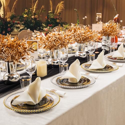Hioasis 175pcs Black and Gold Plates - Black Party Plates for 25 Guest, Include 50 Heavy-duty Plates(20% Thicker Than Standard), 75 Cutlery Set, 25 Napkin, 25 Cups for Graduation - color: Black and Gold
